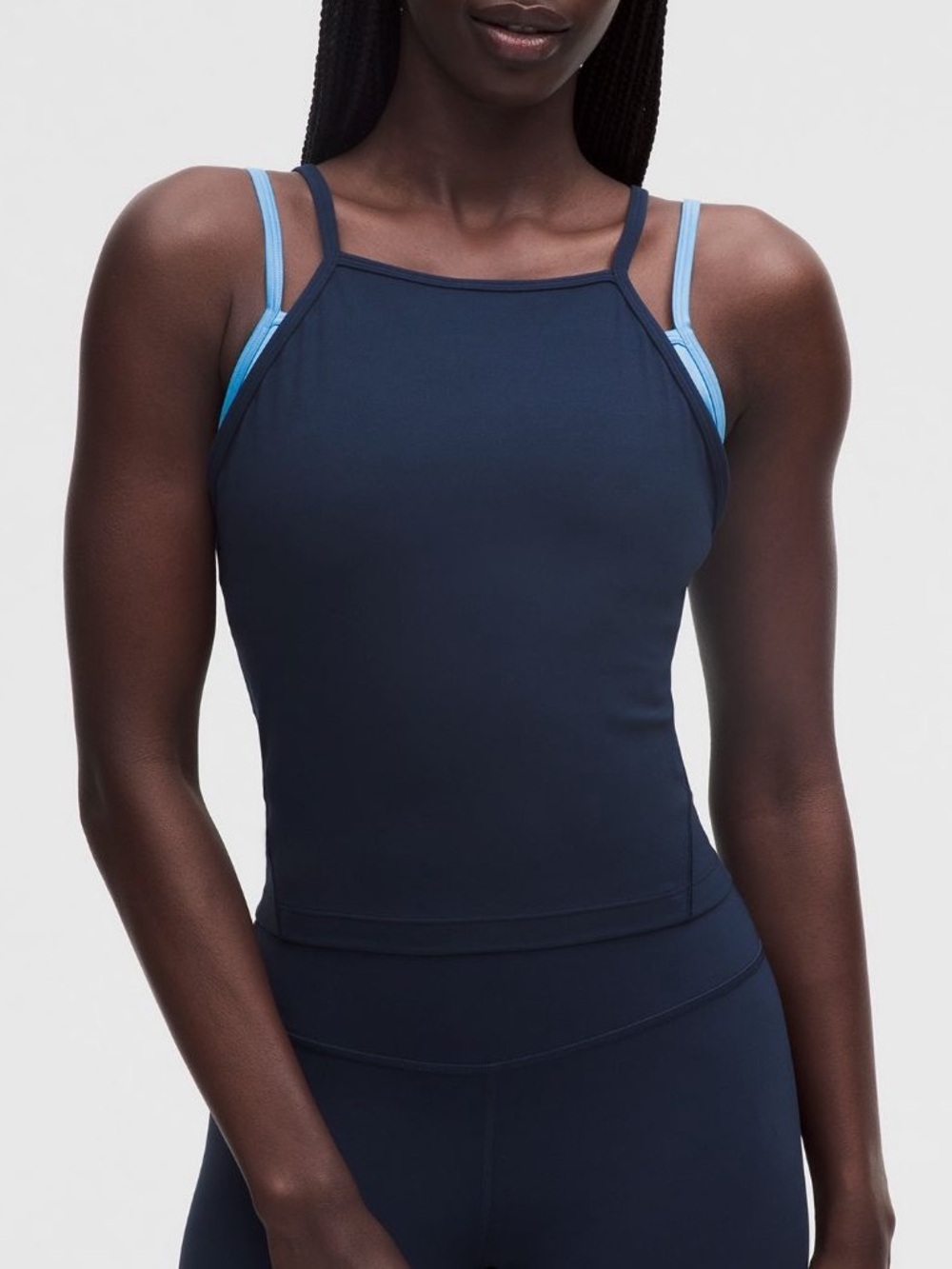 Layered High-Neck Tank Top in Navy with Light Blue Straps